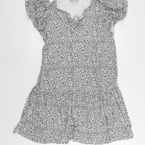 Marks and Spencer Womens Blue Floral Viscose A-Line Size 14 Round Neck Pullover - Ruffle