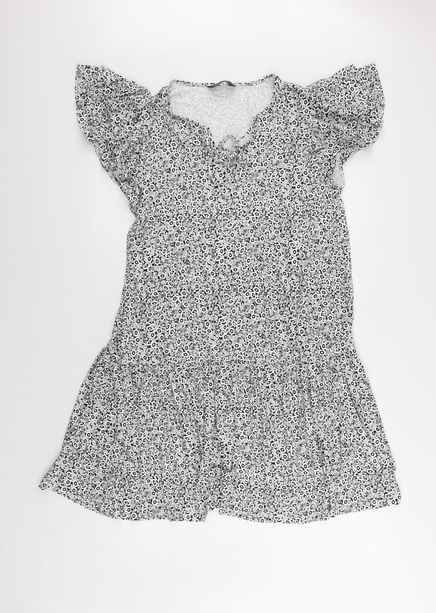 Marks and Spencer Womens Blue Floral Viscose A-Line Size 14 Round Neck Pullover - Ruffle