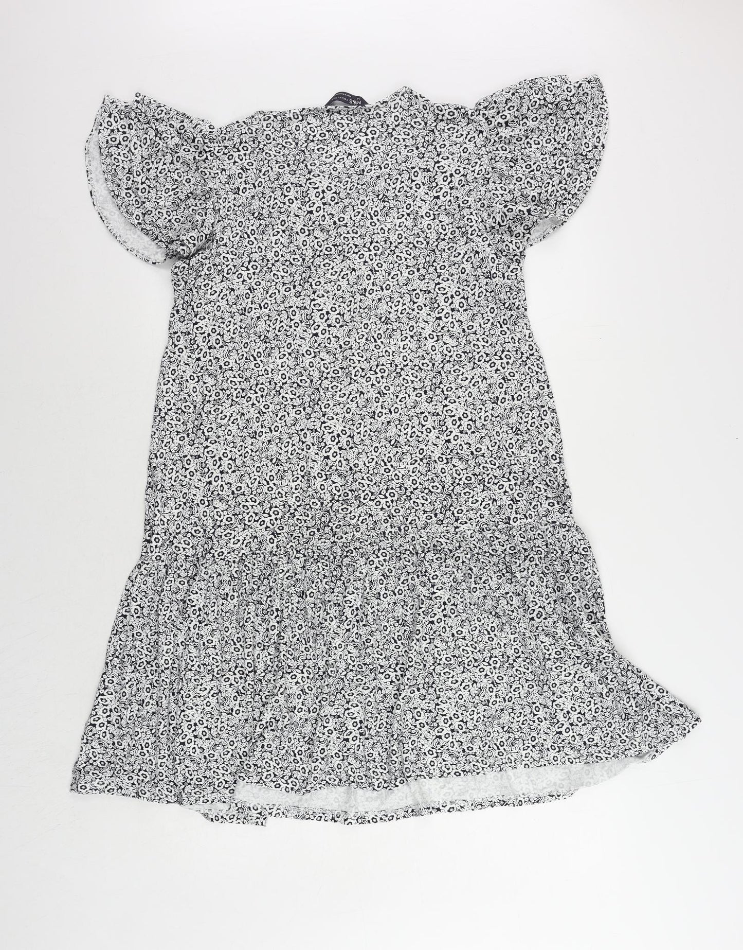 Marks and Spencer Womens Blue Floral Viscose A-Line Size 14 Round Neck Pullover - Ruffle