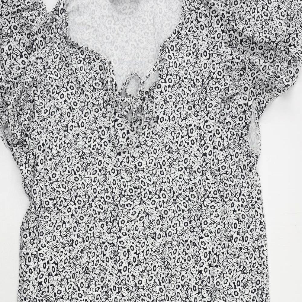 Marks and Spencer Womens Blue Floral Viscose A-Line Size 14 Round Neck Pullover - Ruffle