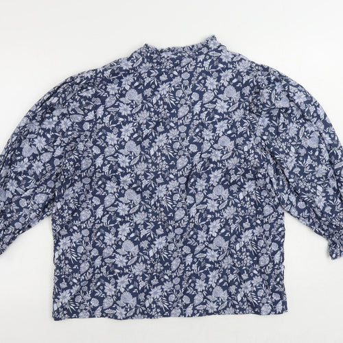 Marks and Spencer Womens Blue Floral Cotton Basic Blouse Size 14 Round Neck