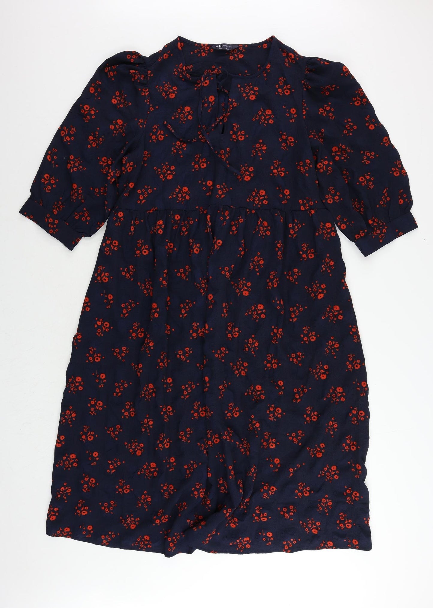 Marks and Spencer Womens Blue Floral Polyester A-Line Size 14 V-Neck Pullover