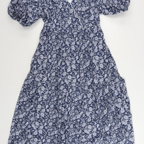 Marks and Spencer Womens Blue Floral Cotton Ball Gown Size 12 V-Neck Button - Puff Sleeve