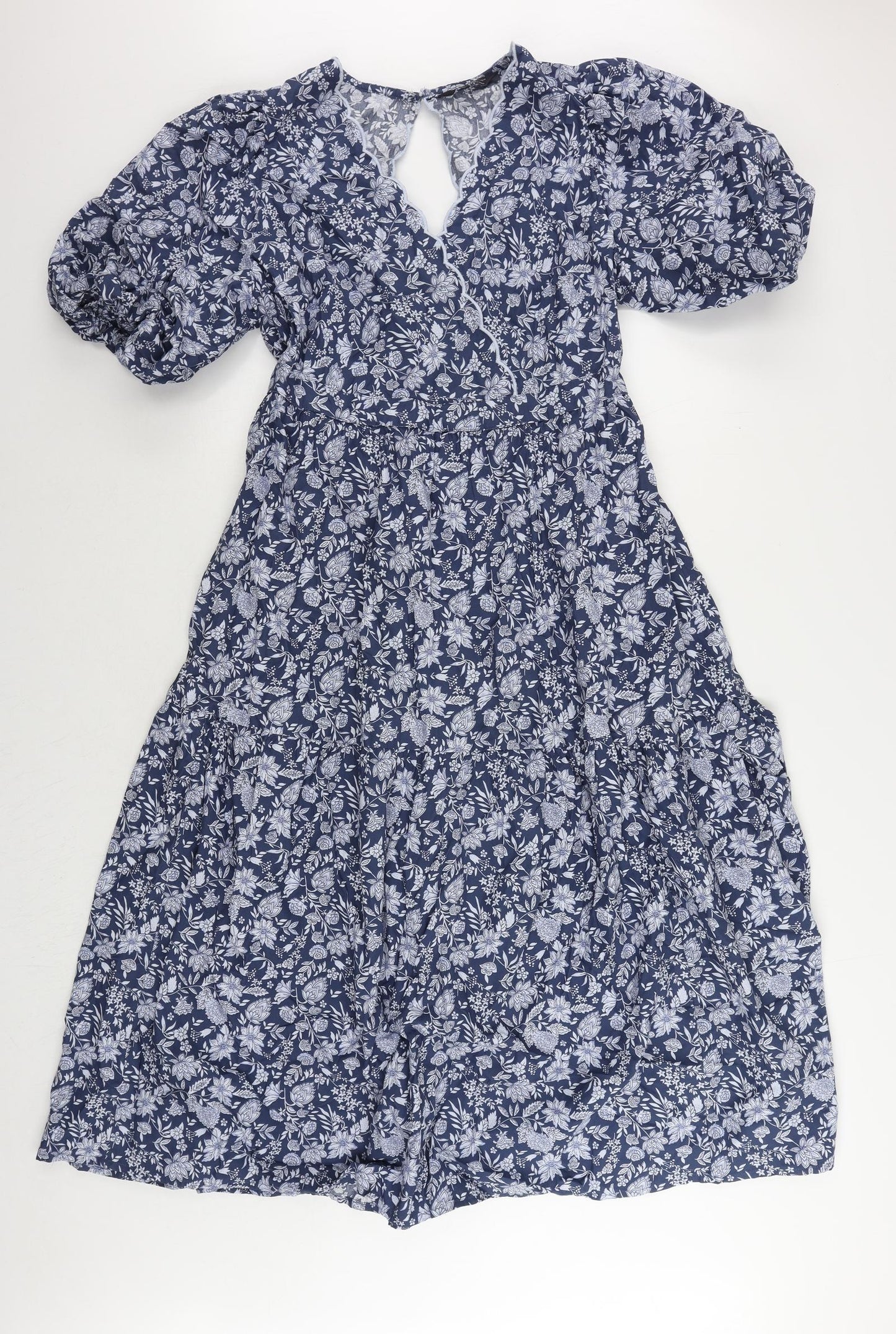 Marks and Spencer Womens Blue Floral Cotton Ball Gown Size 12 V-Neck Button - Puff Sleeve