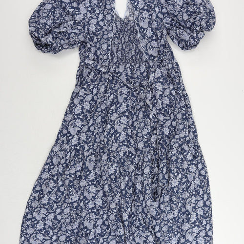 Marks and Spencer Womens Blue Floral Cotton Ball Gown Size 12 V-Neck Button - Puff Sleeve