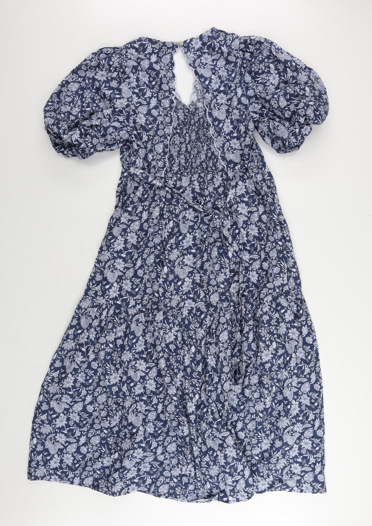 Marks and Spencer Womens Blue Floral Cotton Ball Gown Size 12 V-Neck Button - Puff Sleeve