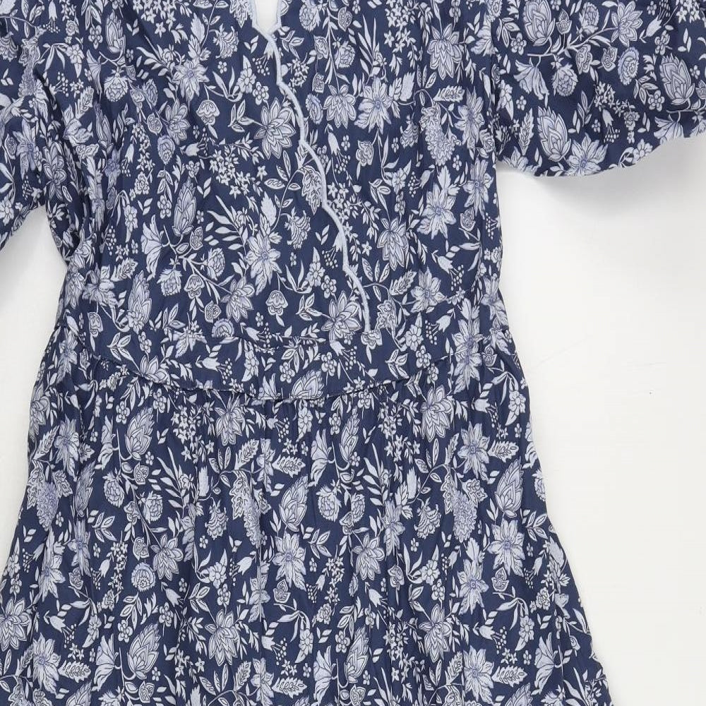 Marks and Spencer Womens Blue Floral Cotton Ball Gown Size 12 V-Neck Button - Puff Sleeve