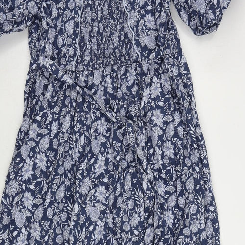 Marks and Spencer Womens Blue Floral Cotton Ball Gown Size 12 V-Neck Button - Puff Sleeve