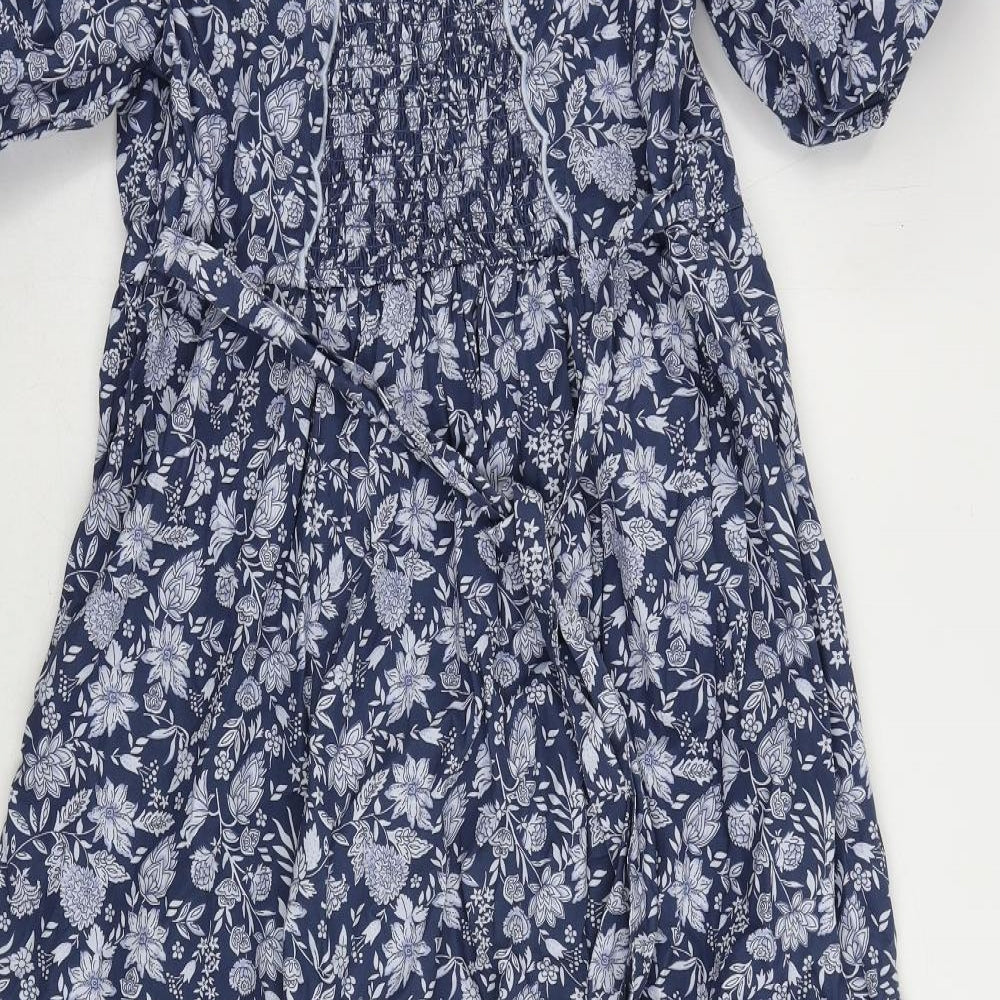 Marks and Spencer Womens Blue Floral Cotton Ball Gown Size 12 V-Neck Button - Puff Sleeve