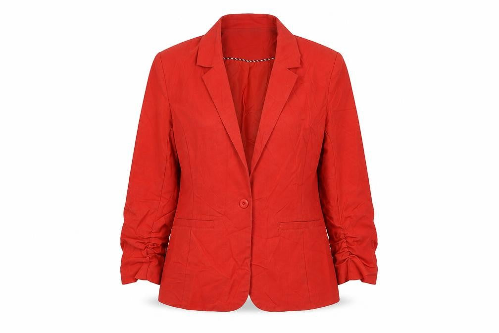 Front view of Fransa women’s red jacket blazer, size UK 10, button