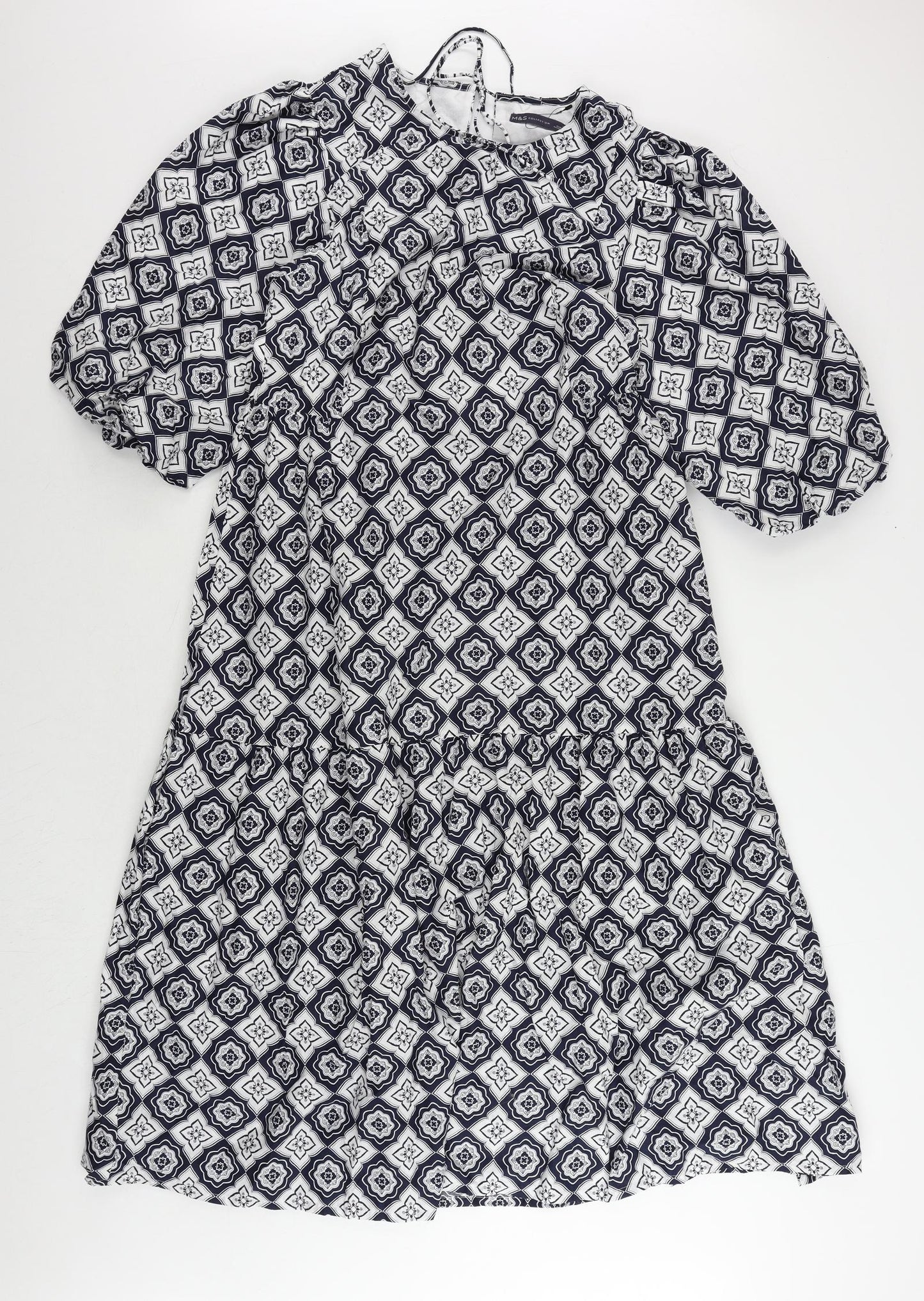 Marks and Spencer Womens Blue Geometric Cotton A-Line Size 12 Round Neck Pullover