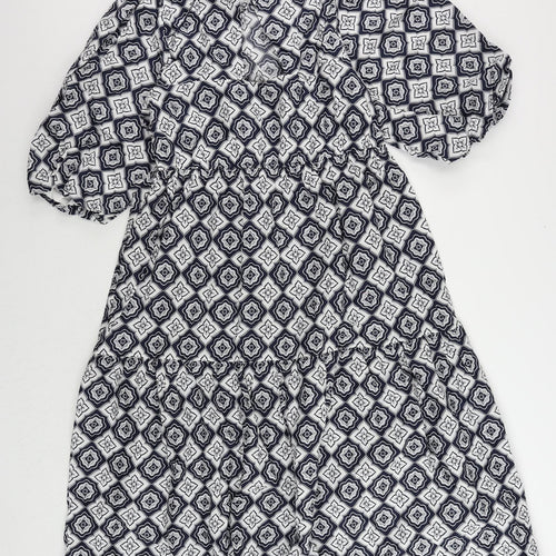Marks and Spencer Womens Blue Geometric Cotton A-Line Size 12 Round Neck Pullover