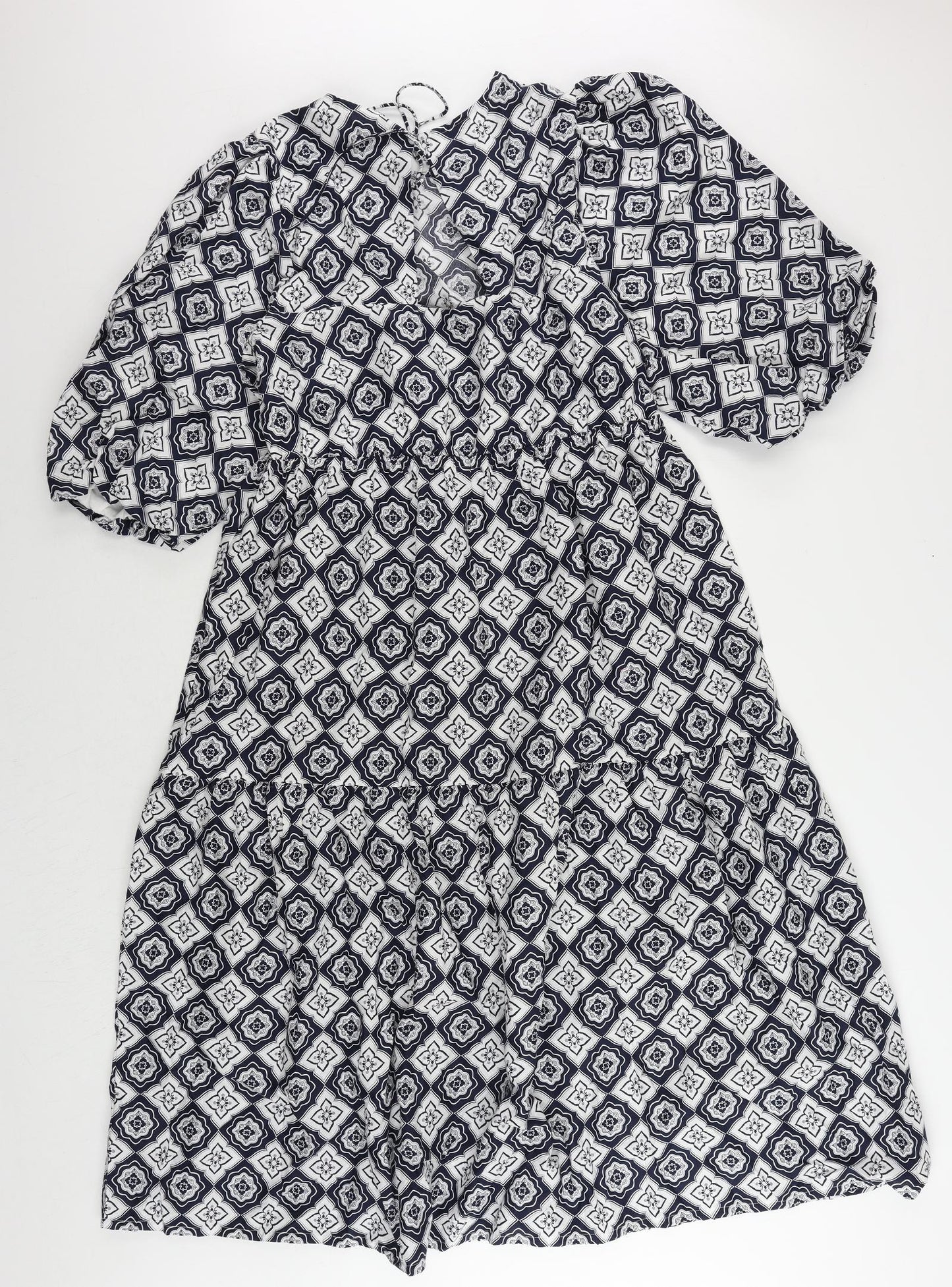 Marks and Spencer Womens Blue Geometric Cotton A-Line Size 12 Round Neck Pullover