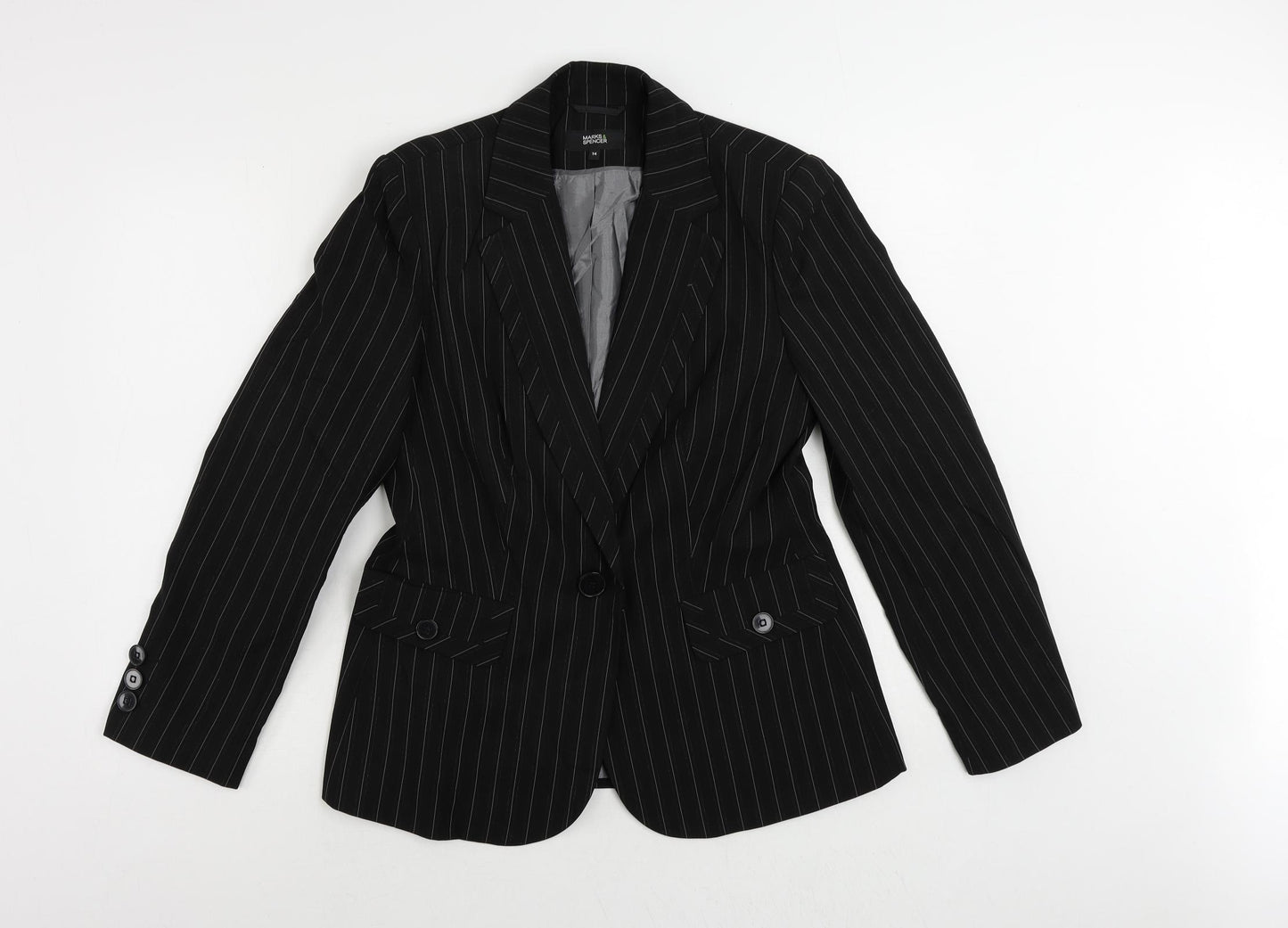 Marks and Spencer Womens Black Striped Jacket Blazer Size 14 Button