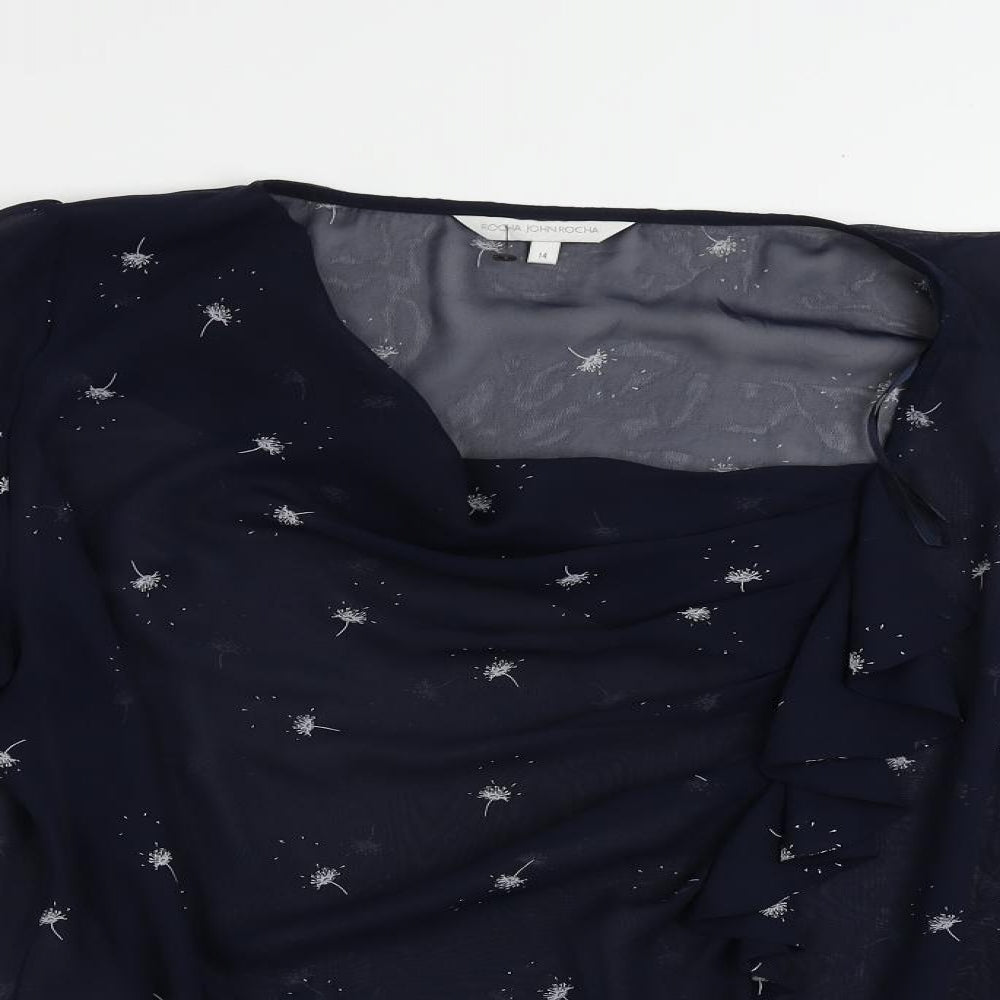 John Rocha Womens Blue Floral Polyester Basic Blouse Size 14 Cowl Neck - Sheer