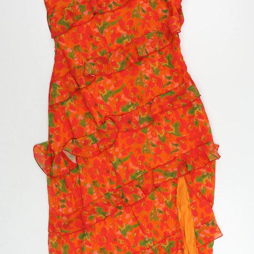 Pretty Lavish Womens Orange Floral Polyester Sheath Size 12 Halter Zip - Ruffle