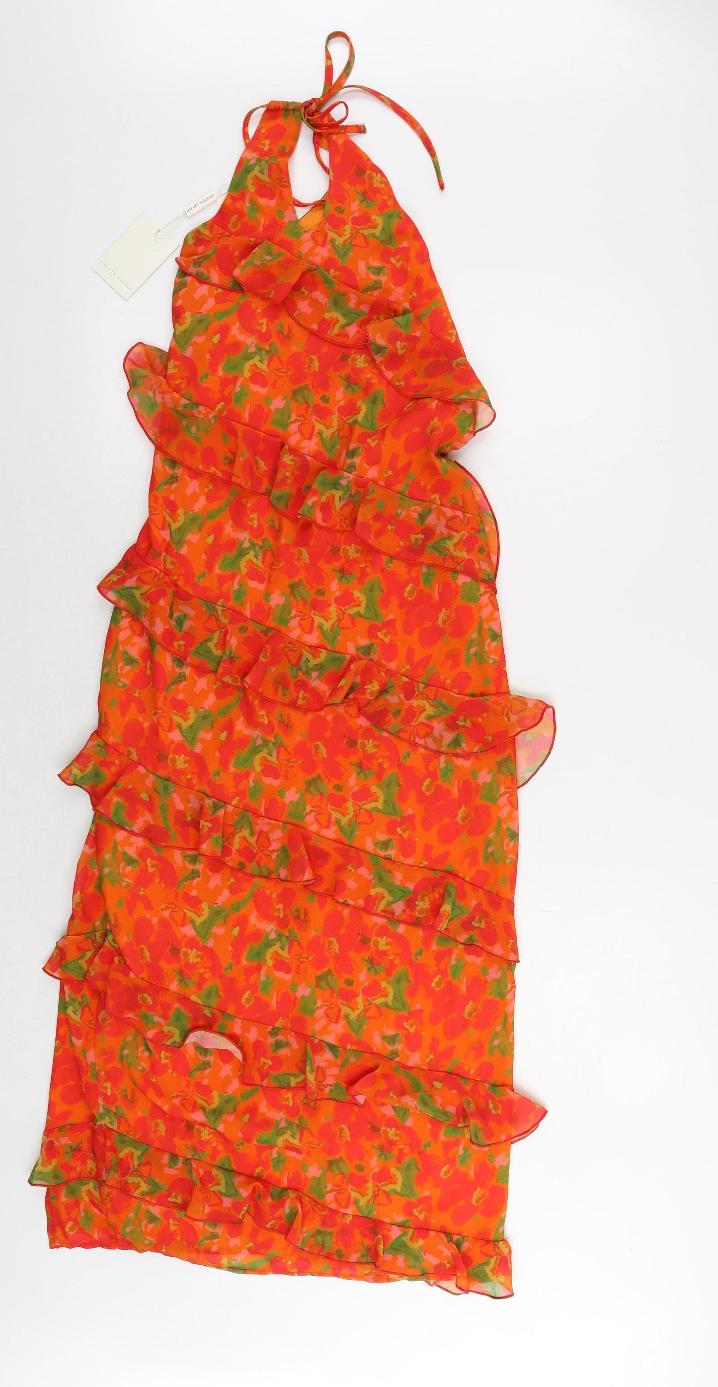 Pretty Lavish Womens Orange Floral Polyester Sheath Size 12 Halter Zip - Ruffle