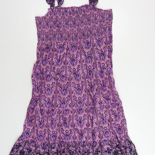Marks and Spencer Womens Purple Paisley Cotton Tank Dress Size 16 Square Neck Pullover - Embroidered