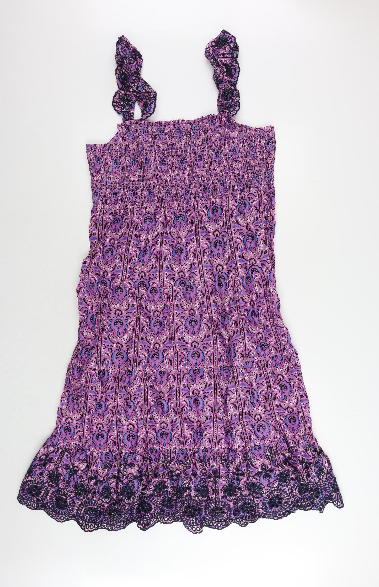 Marks and Spencer Womens Purple Paisley Cotton Tank Dress Size 16 Square Neck Pullover - Embroidered