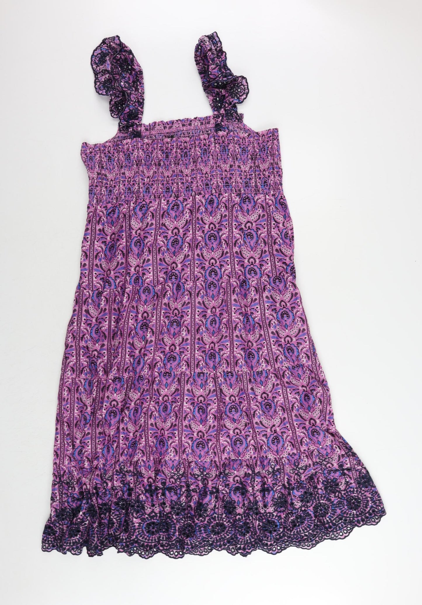 Marks and Spencer Womens Purple Paisley Cotton Tank Dress Size 16 Square Neck Pullover - Embroidered