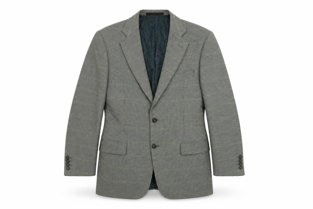 Front view of Marks & Spencer men’s green plaid wool jacket suit jacket, size 42, regular