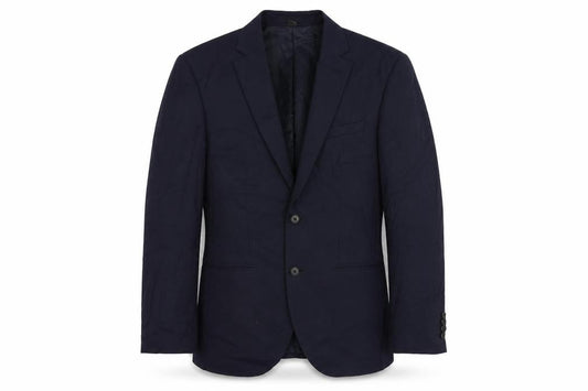 Front view of Marks & Spencer men’s blue polyester jacket suit jacket, size 38, regular
