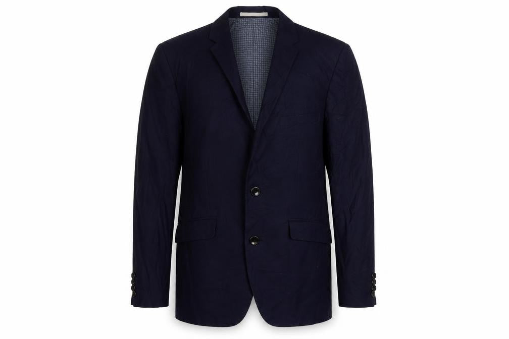 Front view of Burton men’s blue polyester jacket suit jacket, size 38, regular