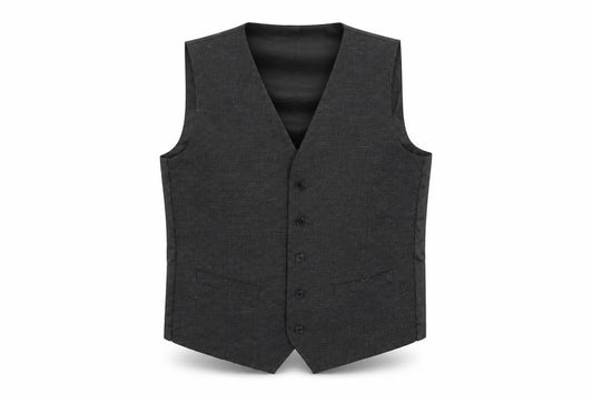 Front view of Marks & Spencer men’s grey geometric polyester jacket suit waistcoat, size 40, regular