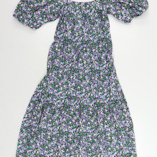 Marks and Spencer Womens Multicoloured Floral Cotton A-Line Size 8 Square Neck Pullover - Puff Sleeve