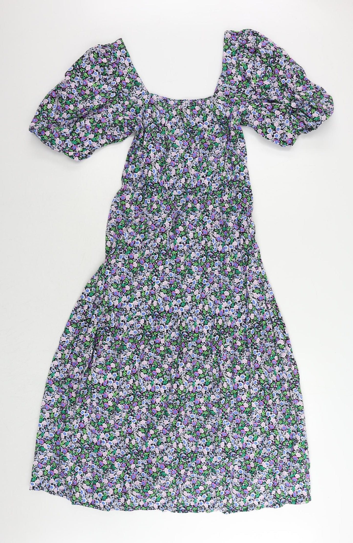 Marks and Spencer Womens Multicoloured Floral Cotton A-Line Size 8 Square Neck Pullover - Puff Sleeve
