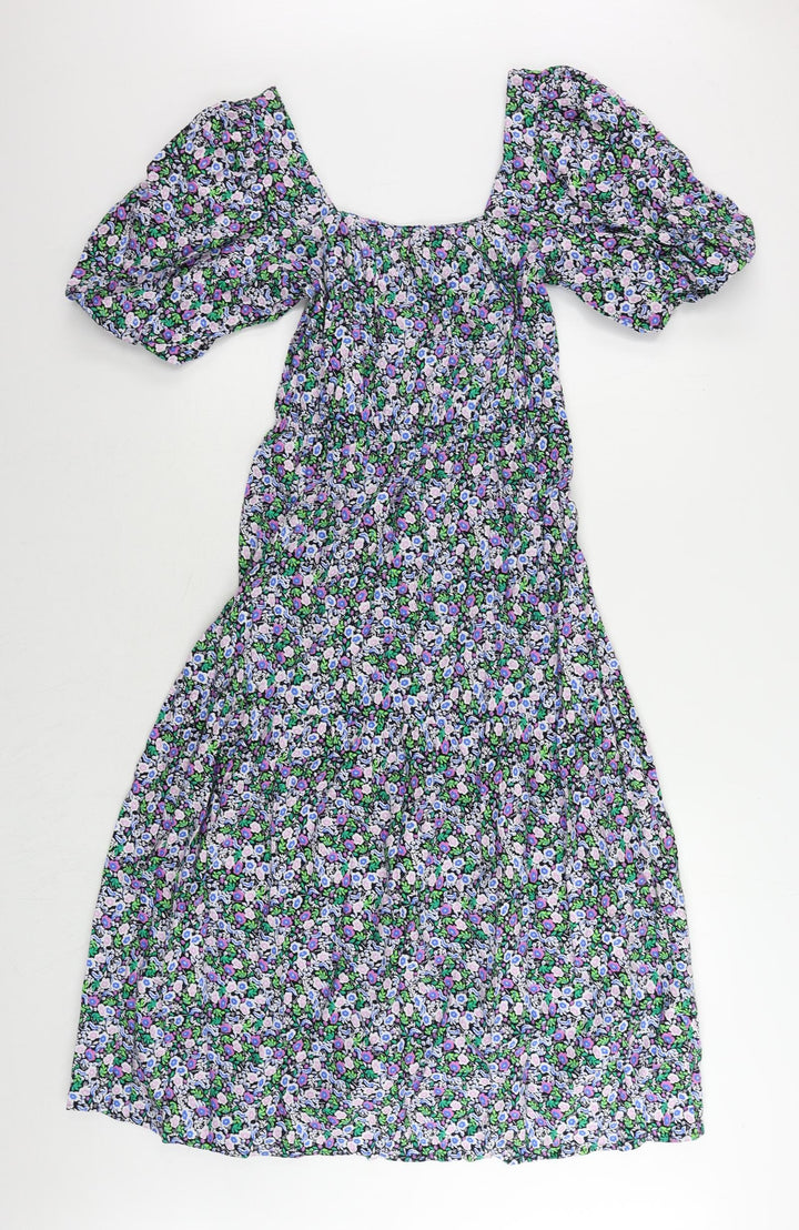 Marks and Spencer Womens Multicoloured Floral Cotton A-Line Size 8 Square Neck Pullover - Puff Sleeve