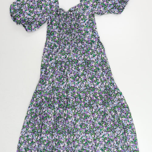 Marks and Spencer Womens Multicoloured Floral Cotton A-Line Size 8 Square Neck Pullover - Puff Sleeve