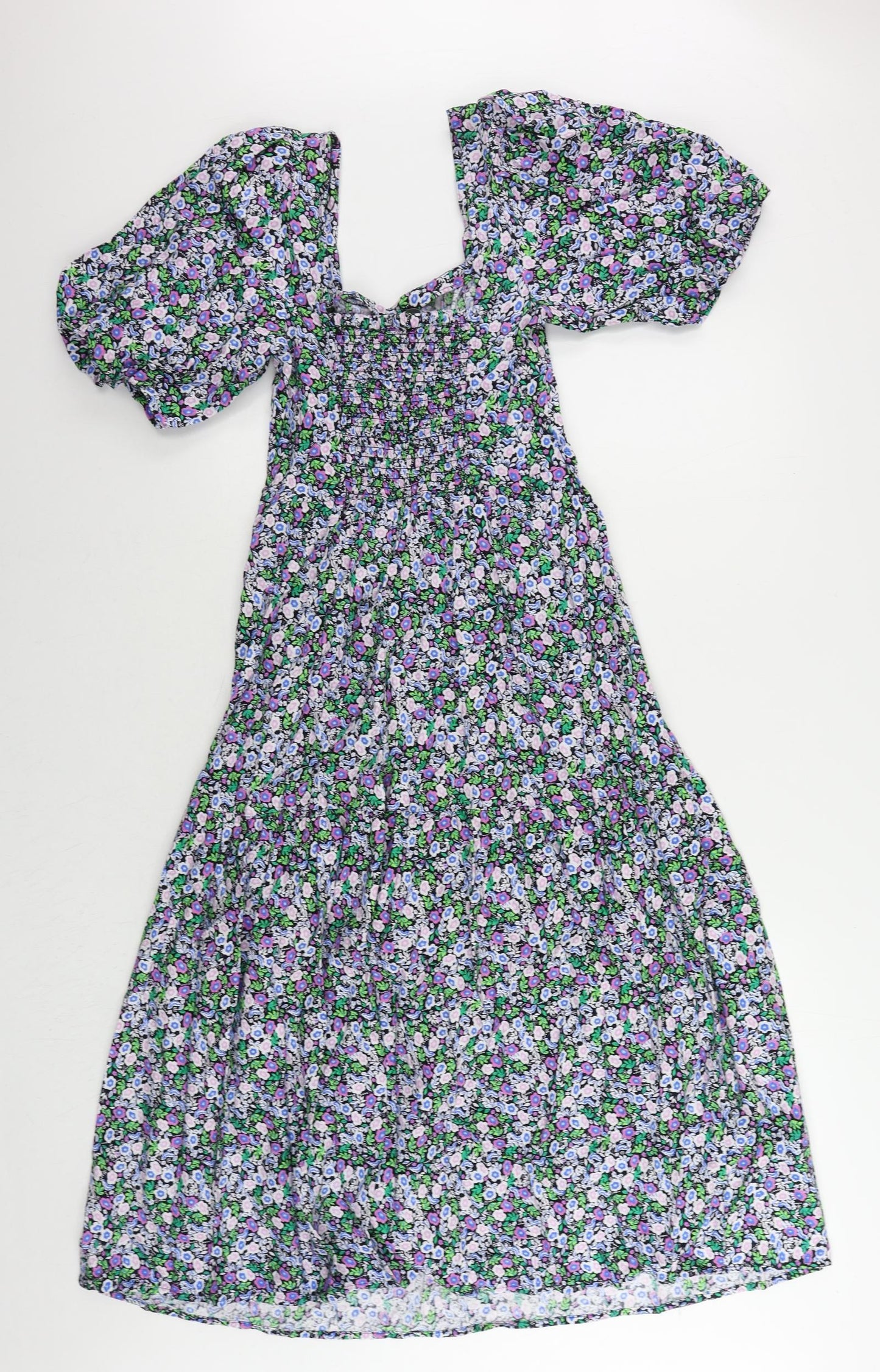 Marks and Spencer Womens Multicoloured Floral Cotton A-Line Size 8 Square Neck Pullover - Puff Sleeve