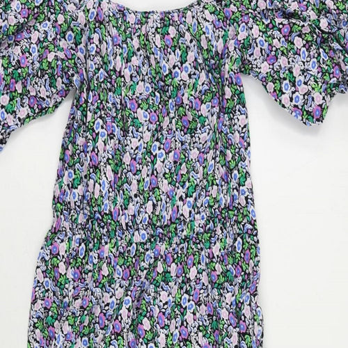 Marks and Spencer Womens Multicoloured Floral Cotton A-Line Size 8 Square Neck Pullover - Puff Sleeve