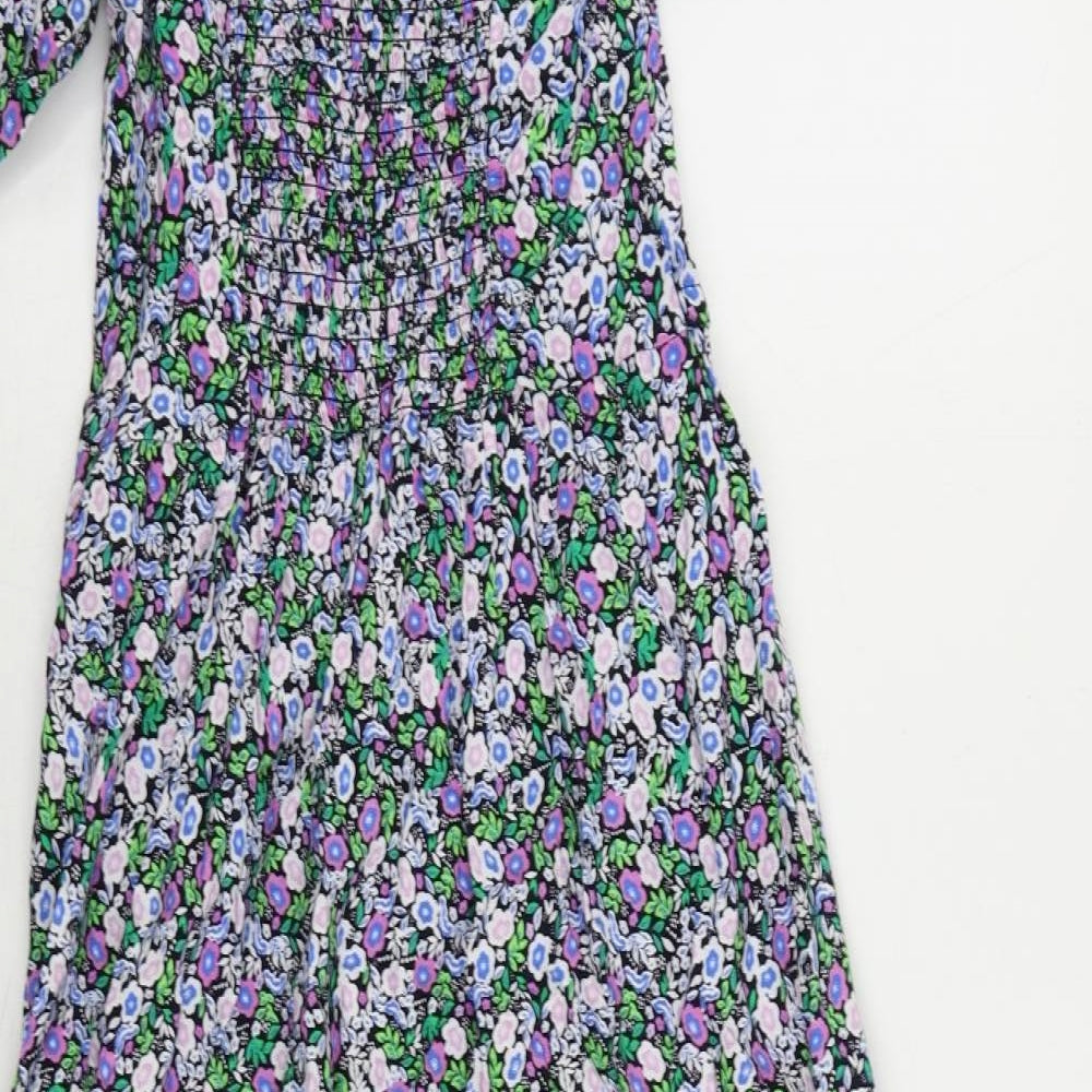 Marks and Spencer Womens Multicoloured Floral Cotton A-Line Size 8 Square Neck Pullover - Puff Sleeve
