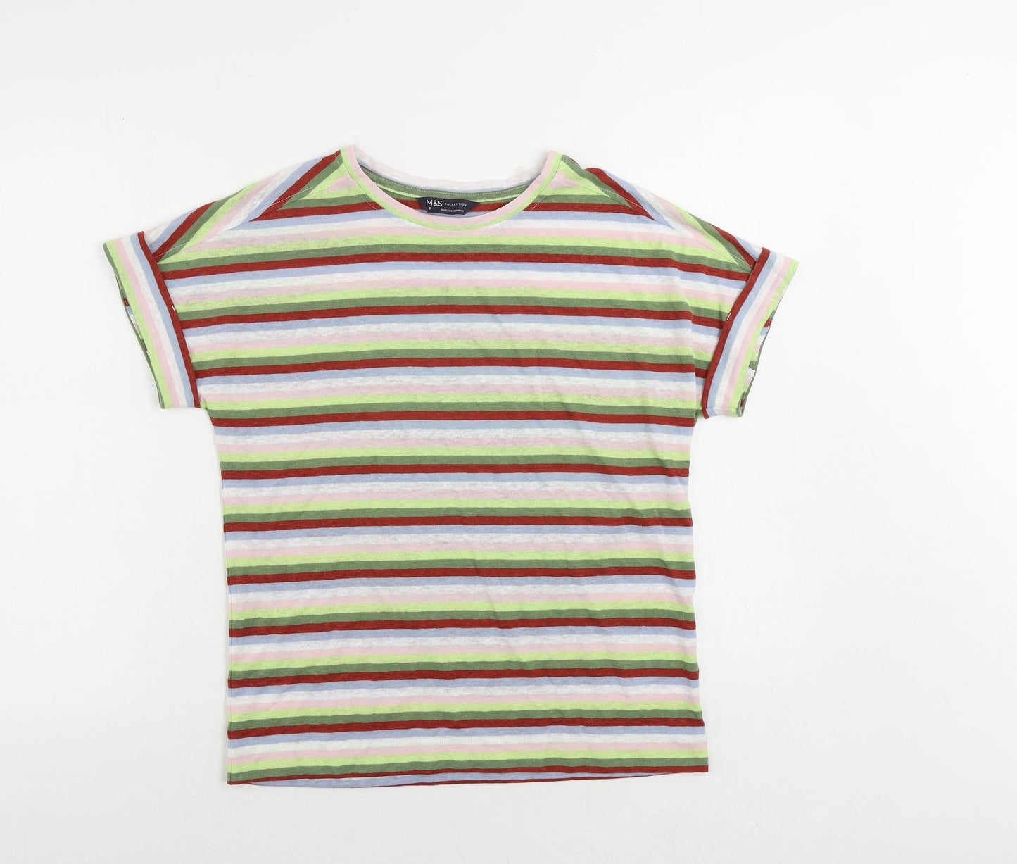 Marks and Spencer Womens Multicoloured Striped Linen Basic T-Shirt Size 8 Crew Neck