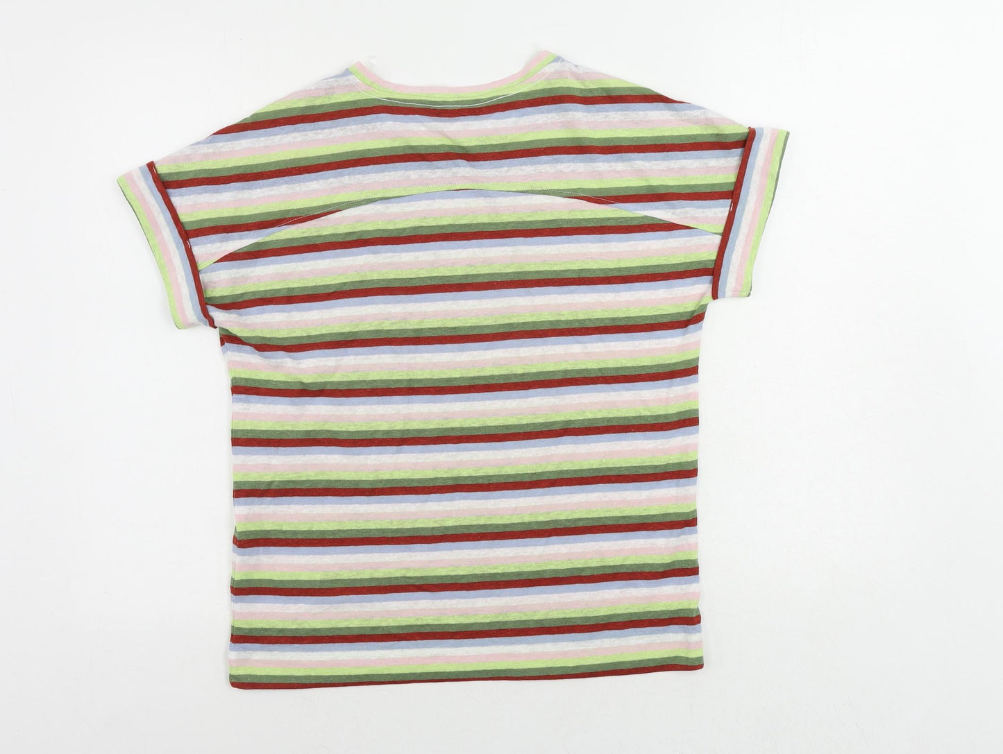 Marks and Spencer Womens Multicoloured Striped Linen Basic T-Shirt Size 8 Crew Neck