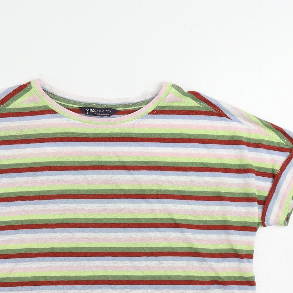 Marks and Spencer Womens Multicoloured Striped Linen Basic T-Shirt Size 8 Crew Neck