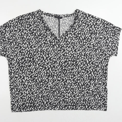 Marks and Spencer Womens Grey Animal Print Linen Basic T-Shirt Size 22 V-Neck