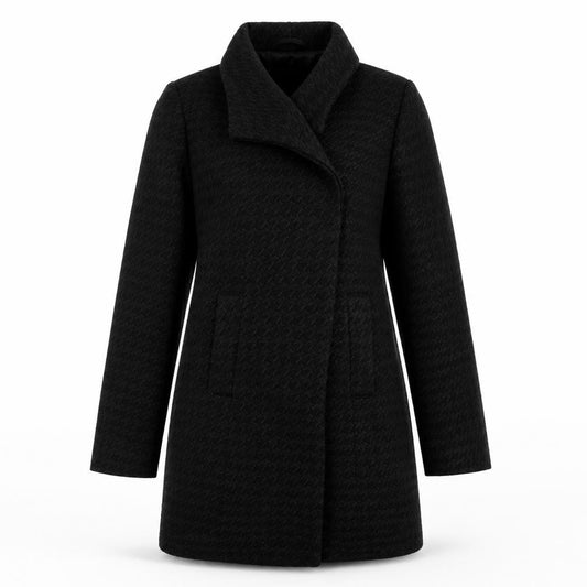 Front view of Mexx women’s black geometric overcoat coat, size UK 10, button