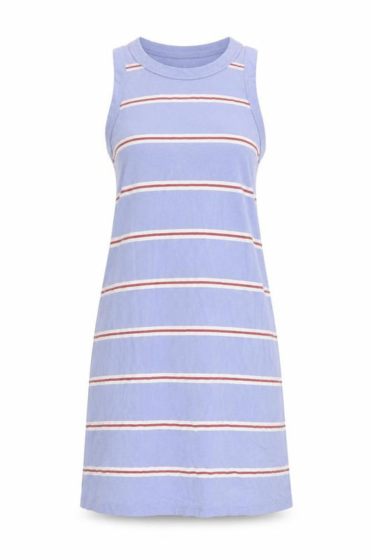 Front view of Marks & Spencer women’s blue striped cotton tank dress, size S, crew neck pullover