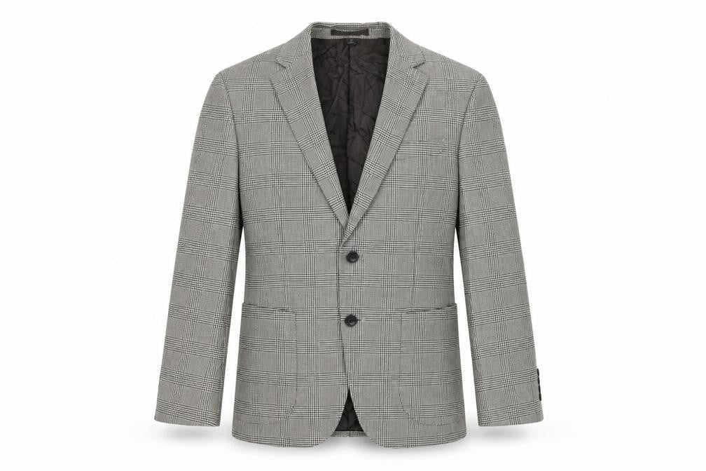 Front view of Marks & Spencer men’s beige plaid polyester jacket suit jacket, size 38, regular