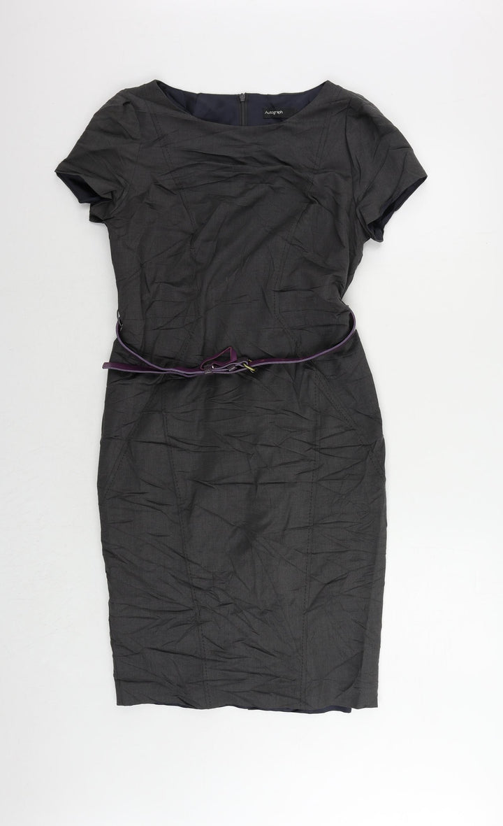 Autograph Womens Grey Viscose Pencil Dress Size 8 Boat Neck Zip - Belted