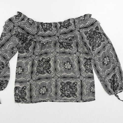 Apricot Womens Black Paisley Polyester Basic Blouse Size 10 Off the Shoulder - Sheer