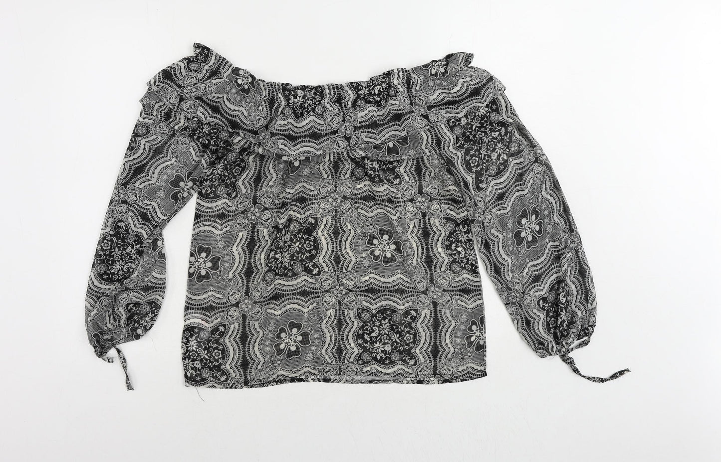 Apricot Womens Black Paisley Polyester Basic Blouse Size 10 Off the Shoulder - Sheer