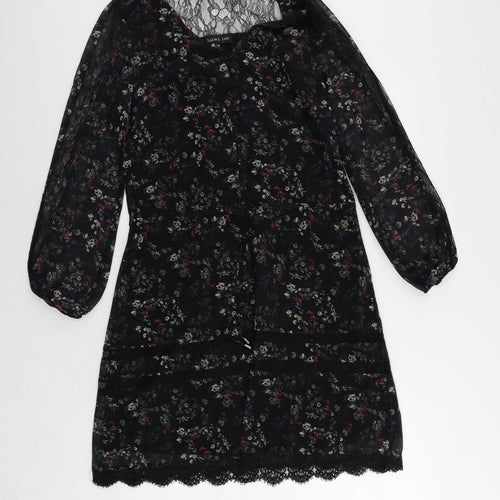 Label Lab Womens Black Floral Polyester A-Line Size 6 V-Neck Button - Lace Detail