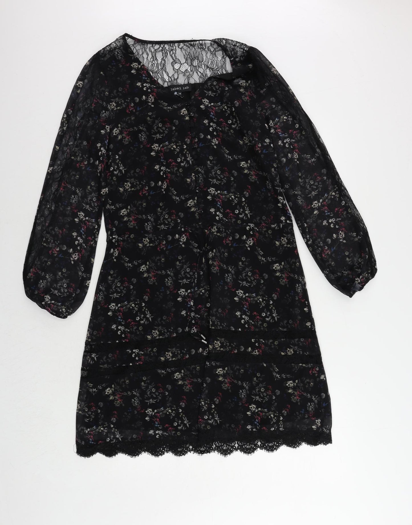 Label Lab Womens Black Floral Polyester A-Line Size 6 V-Neck Button - Lace Detail