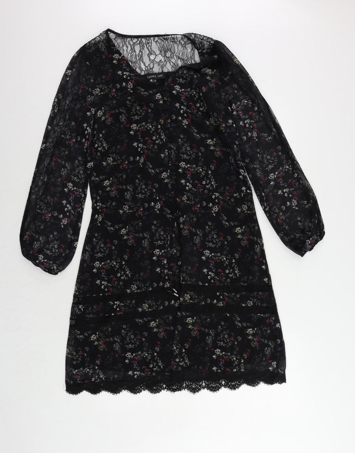 Label Lab Womens Black Floral Polyester A-Line Size 6 V-Neck Button - Lace Detail