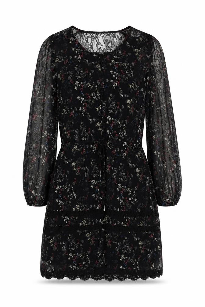 Label Lab Womens Black Floral Polyester A-Line Size 6 V-Neck Button - Lace Detail