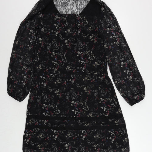 Label Lab Womens Black Floral Polyester A-Line Size 6 V-Neck Button - Lace Detail